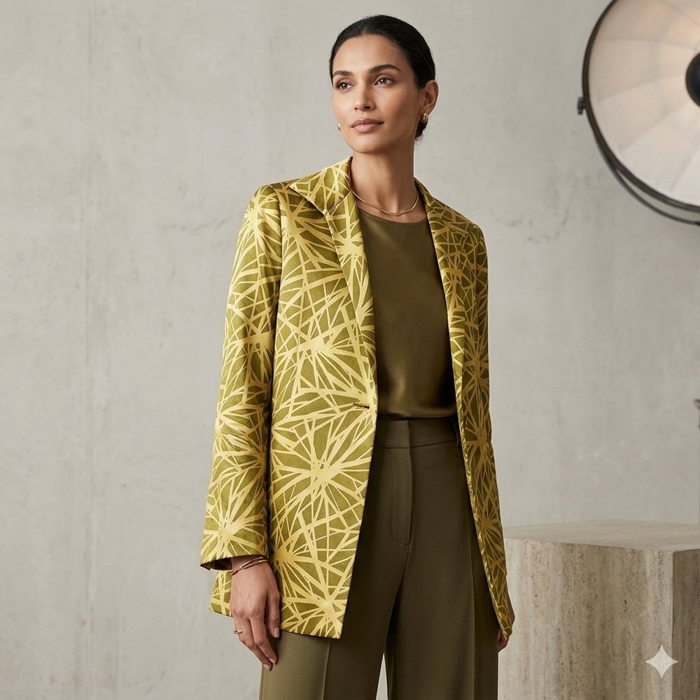 Lafayette 148 New York Women 8 Green Geometric Silk Blazer Jacket Made in USA
